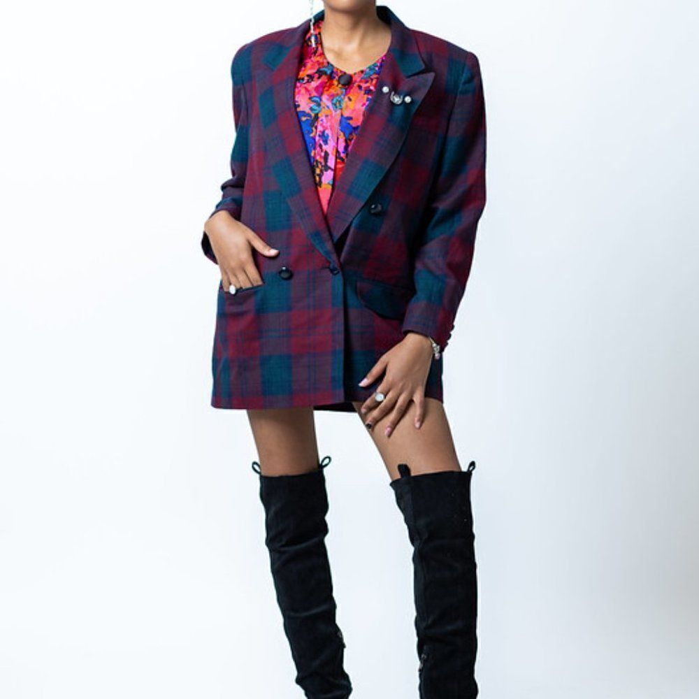 Vintage Giorgio Sant' Angelo Blazer Burgundy Blue Plaid‎ Double Breasted Size 10